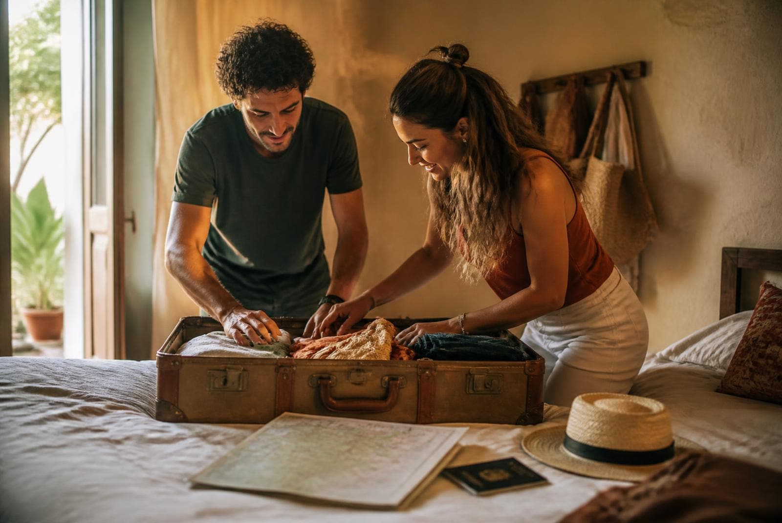 A couple preparing and packing for a trip